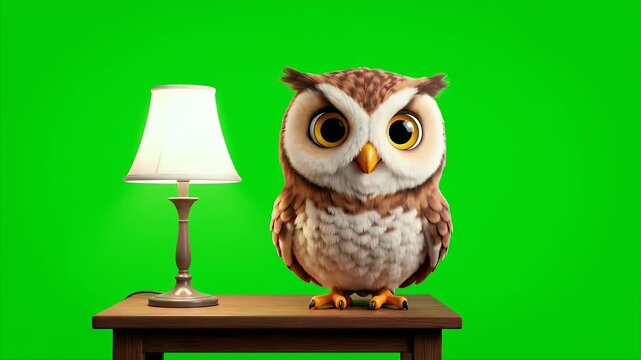 Animated Adorable Owl Character Sitting on a Wooden Table Next to a Lit Table Lamp with a Vibrant Green Screen Background and