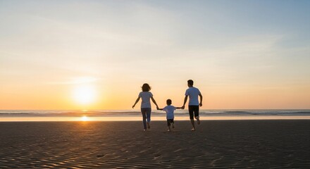 Fototapeta premium Family walking hand-in-hand on beach at sunset, mother holding son's hand, silhouettes against golden hour sun, togetherness, heartfelt Mother's Day scene, coastal vacation.