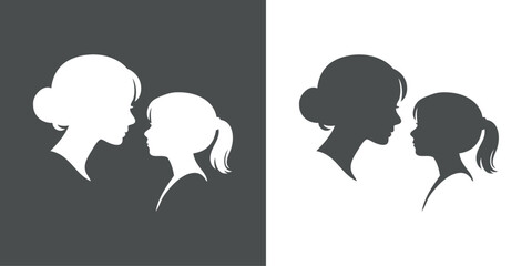 Naklejka premium Logotipo con dibujo minimalista con siluetas de las cabezas de una madre mirando a su hija, para tarjetas y felicitaciones del Día de la Madre