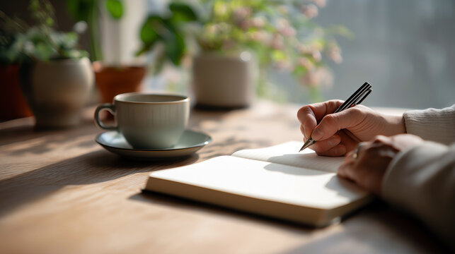 Close up of hands writing in notebook on clean desk, coffee cup nearby, soft daylight, minimal workspace
