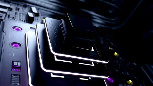 Layered processor components on circuit board with glowing accents and metallic surfaces in dark tech environment showing depth and precision