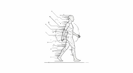 Obraz premium Human figure in motion, rendered with digital lines, connected to circuits