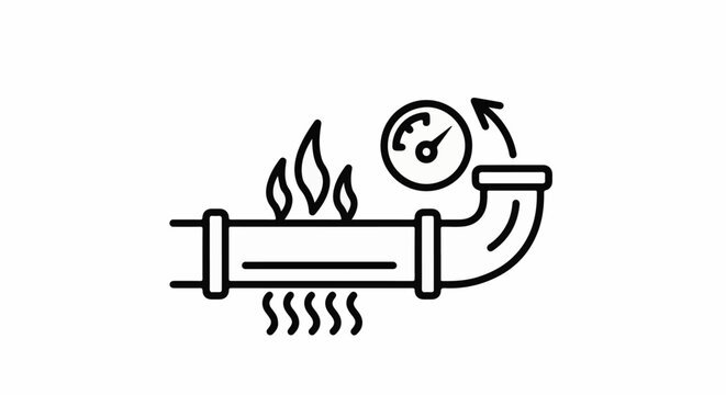 Line art of a pipe with flames and a pressure gauge showing flow
