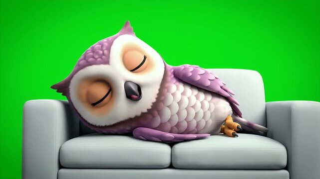 Charming Cartoon Owl Character Depicted Sleeping Comfortably On A Modern Sofa Against A Vibrant Green Screen Background