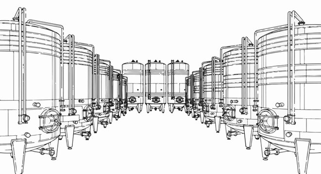 Industrial stainless steel fermentation tanks lined up in rows, creating a symmetrical pattern