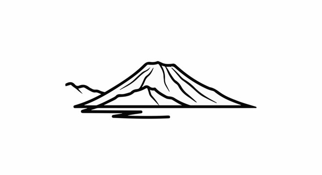 Iconic conical mountain, etched with bold black lines, reflects on water