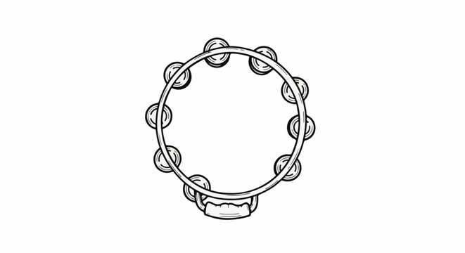 Line art of a tambourine with a circular frame adorned with jingles and a handle