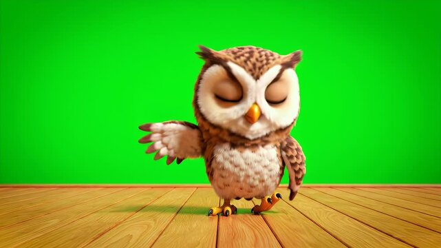 Charming Cartoon Owlet With Big Eyes Standing and Waving Hello on a Wooden Floor Against a Vibrant Green Screen Background