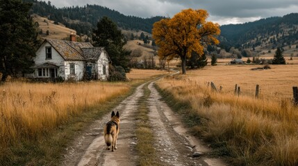 Obraz premium Scenic landscape featuring a weathered house, road, and a German Shepherd