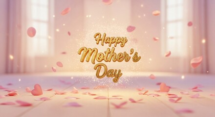 Naklejka premium Happy Mother's Day golden 3D lettering with falling pink rose petals on a sunlit wooden floor, elegant holiday greeting card background with soft bokeh and magical sparkles.
