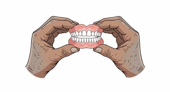 Hands holding up a set of dentures with white teeth and pink gums