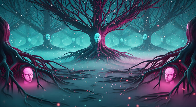 A symmetrical, mystical forest features ancient trees with human faces embedded in their trunks, surrounded by glowing roots and a teal mist.
