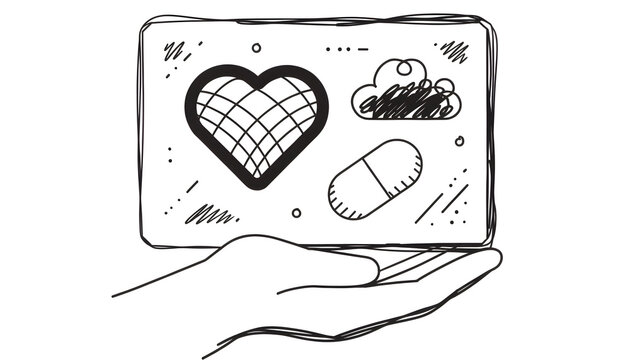 A cute cartoon illustration of a hand holding a heart, pill and cloud symbol for a creative business design concept featuring medical technology and love art