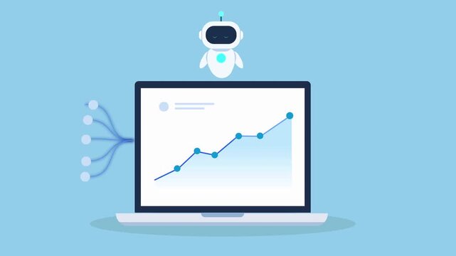 Clean animated video of an AI robot hovering above a laptop with a rising data chart and document sheet icon, representing data reporting, file analysis, business analytics, and automation.