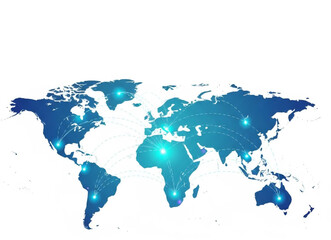 Fototapeta premium Global connectivity map with glowing connection points across continents, illustrating worldwide networks and communication