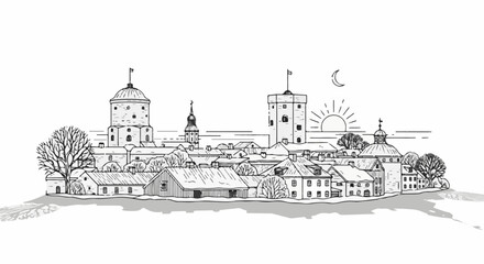 Fototapeta premium Hand-drawn sketch of a historical European town with towers, domes, and buildings