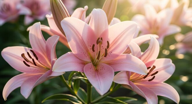 Pink lily bouquet in warm golden hour sunlight, soft blooming petals, elegant floral background for Mother's Day, spring garden beauty, delicate nature aesthetic, fresh blossoms.