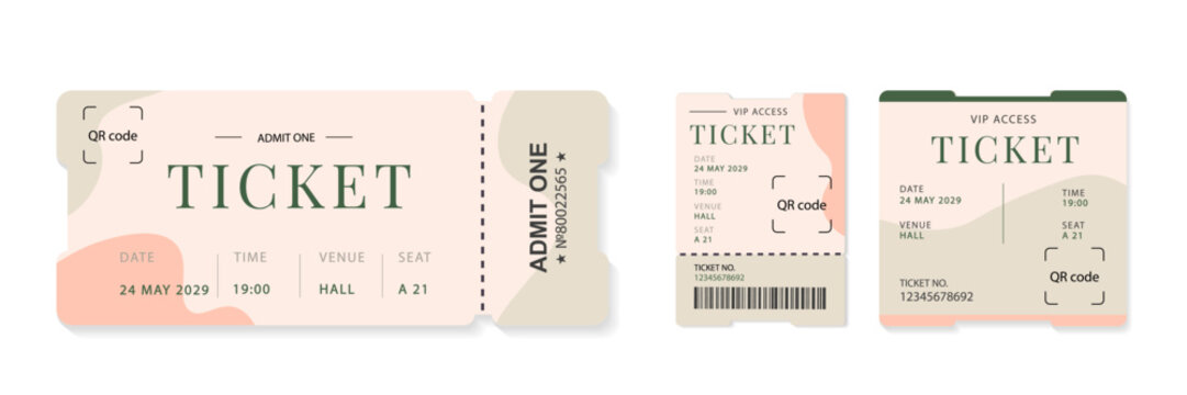 Event ticket template in pastel style with abstract shapes. Vector set of horizontal and vertical layouts with QR code for concerts, movies, and festivals.