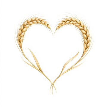 Dekorative Illustration eines Herzens aus goldenen Getreide&auml;hren auf wei&szlig;em Hintergrund. Symbol f&uuml;r Liebe zur Natur, Landwirtschaft, Ernte, Nachhaltigkeit und nat&uuml;rliche Ern&auml;hrung.