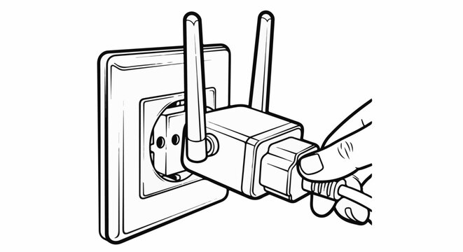 Hand plugs Wi-Fi extender with antennas into wall outlet for connectivity