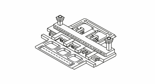 Isometric line art of a complex mechanical assembly with interlocking components