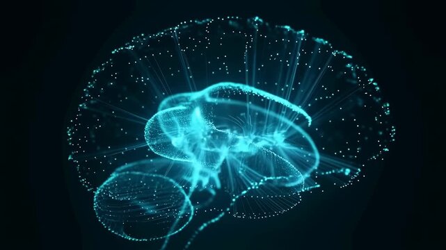 Abstract digital representation of a human brain with glowing particles. Visualization of neural connections and cognitive processes in a futuristic context