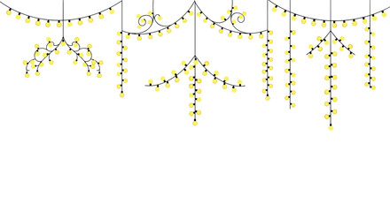 Obraz premium Intricate golden string lights hang in elaborate draped patterns against a pristine white background with warm glowing bulbs creating a festive atmosphere.