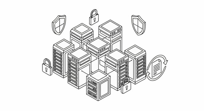 Isometric server rack cluster with security shields, locks, and data transfer icon