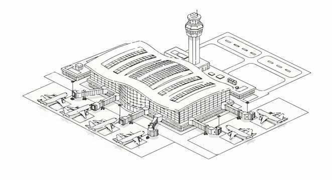 Isometric sketch of a modern airport terminal with planes and control tower