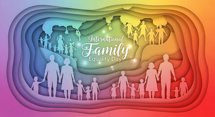 Naklejka premium Layered paper cut map shapes create a vibrant background for diverse family silhouettes celebrating International Family Equality Day.