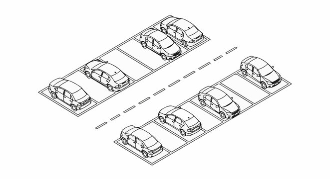 Isometric view of cars parked in parallel bays along a road