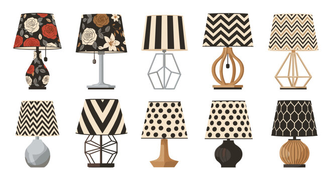 A diverse collection of ten decorative table lamps features intricate patterned fabric shades with various geometric and floral motifs in soft tones.