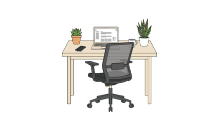 Fototapeta premium A wooden desk holds a laptop, a smartphone, a coffee mug, and a potted plant positioned next to an ergonomic office chair in a quiet room.