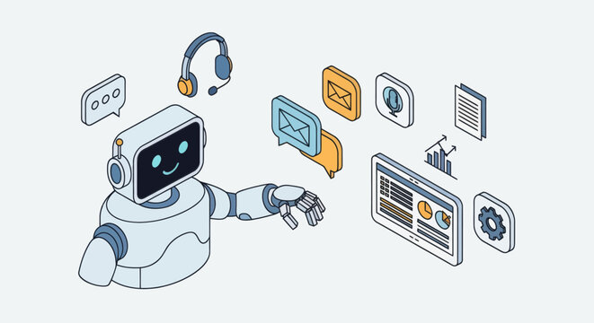 Friendly Robot Assistant Interacting with Digital Interface.