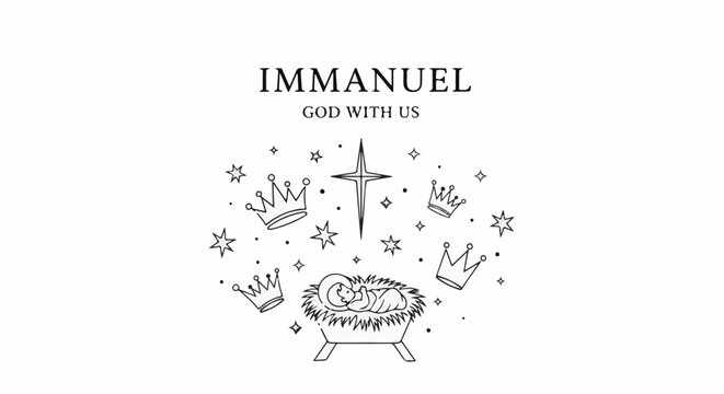 Jesus in manger with star and crowns, text "IMMANUEL GOD WITH US" above