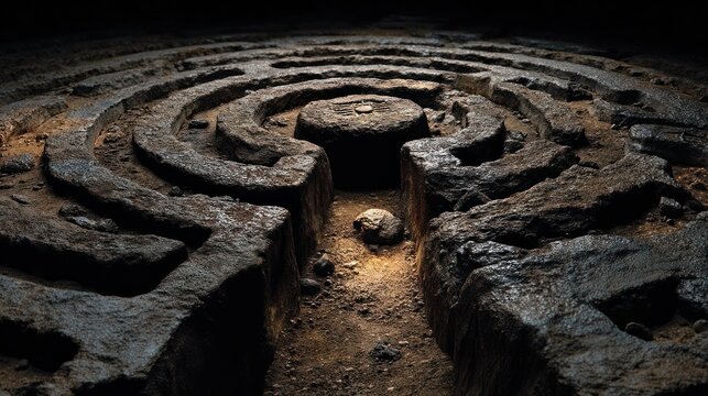 Circular stone labyrinth, carved into the ground, lit subtly from above