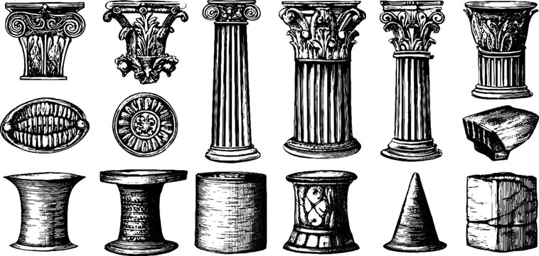 Vintage engraved collection of architectural column sections capitals bases and sculptural elements for design background and historical reference use