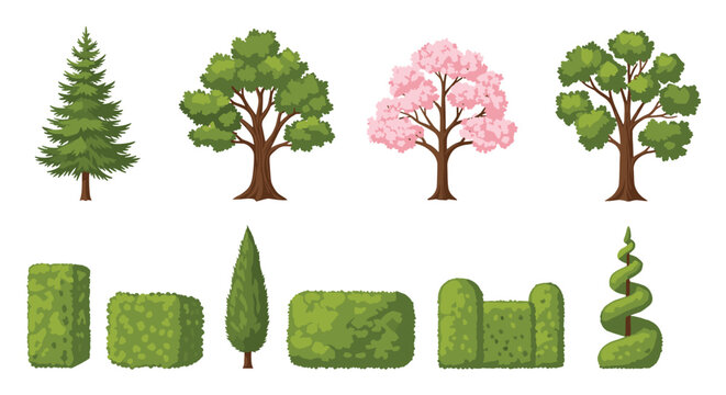 A diverse set of isolated tree species includes a majestic conifer and cherry blossom alongside various meticulously manicured green hedge shapes.
