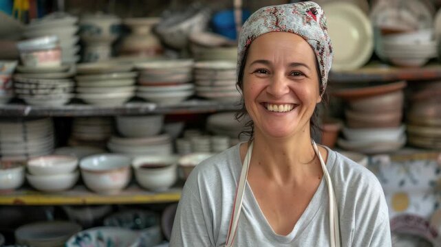 Happy potter behind stacks of ceramic plates and bowls.