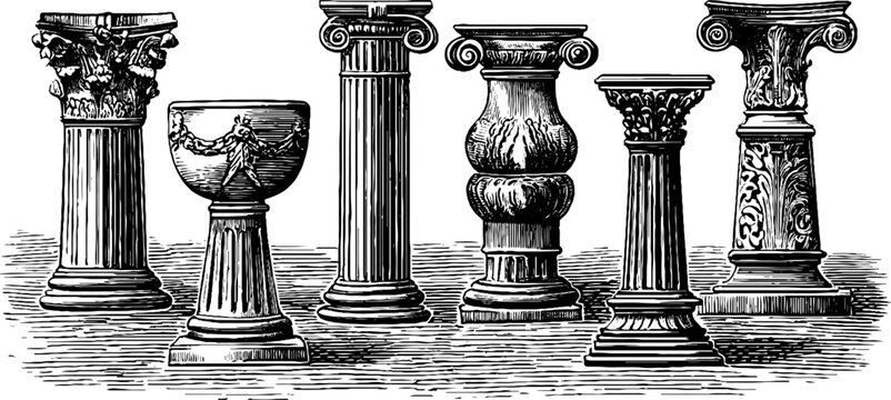Vintage engraved classical columns clipart sheet of ornate capitals balusters and pedestals for restoration and design use