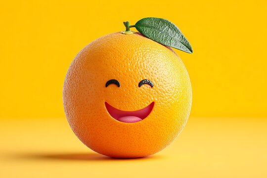 A cheerful orange fruit with a playful smiling face against a bright yellow backdrop, evoking happiness and joy