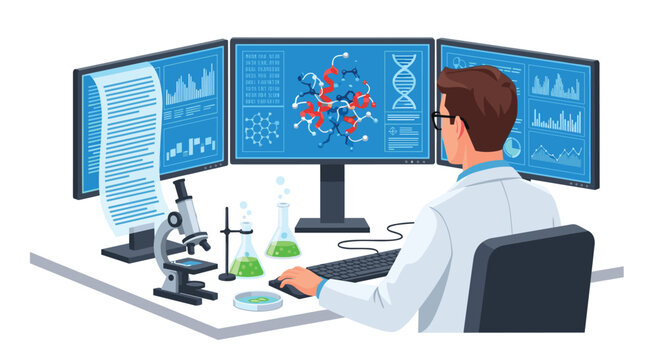 A focused chemist analyzes a detailed three-dimensional protein structure on a large computer monitor while working in a bright modern laboratory.