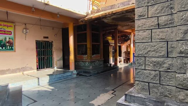 Old construction of Kodangal Sri Mahalakshmi Venkateshwara Swamy temple inside Architecture and temple side wall at telangana, india. day time, stable shot, 4k.