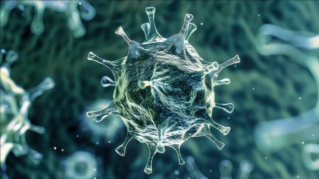 A stunning and colorful microscopic showcasing a virus engaging with its host cell.