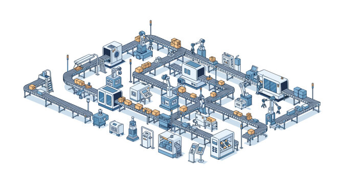Complex automated manufacturing factory floor features intricate conveyor belts and robotic arms moving small cardboard boxes in a sterile environment.