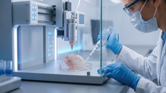 Advanced biotechnology scientist using 3D printer to create biological heart organ, regenerative medicine and tissue engineering concept in modern laboratory