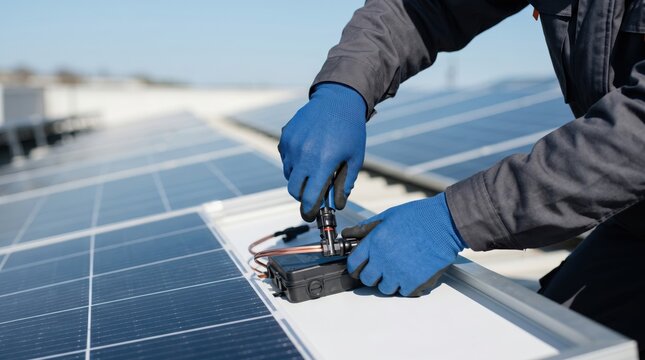 Close up of technician installing wiring on solar panel system, renewable energy maintenance and electrical connection work on photovoltaic modules