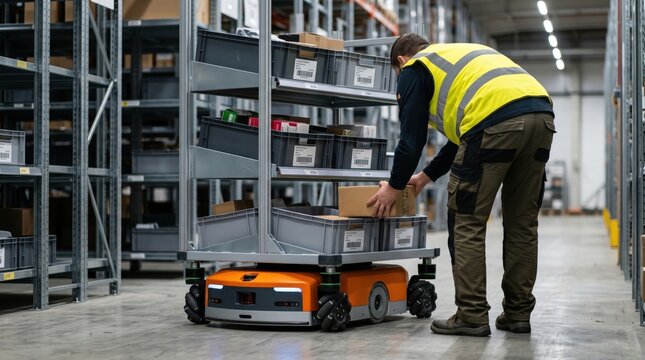 Warehouse worker loading packages onto autonomous mobile robot for automated logistics delivery, industrial storage facility with shelving units and supply chain management