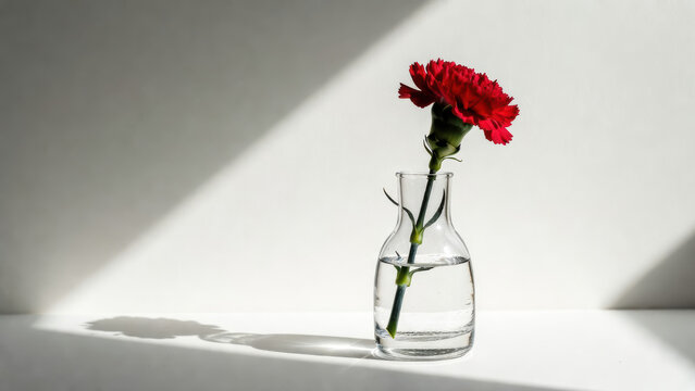 Red carnation flower stem in glass vase on white surface with soft shadow and minimalist lighting