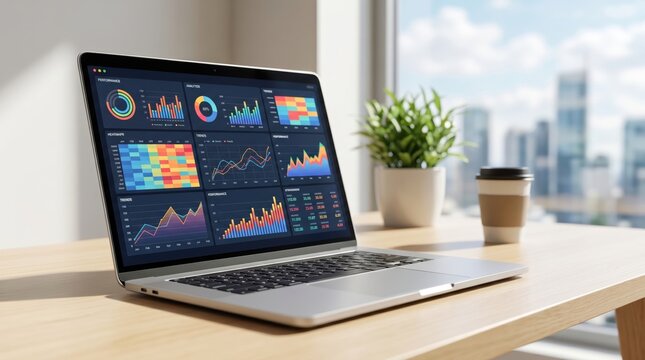 Laptop displaying colorful financial trading dashboard with stock market charts and investment portfolio analysis on wooden desk near window with city skyline background